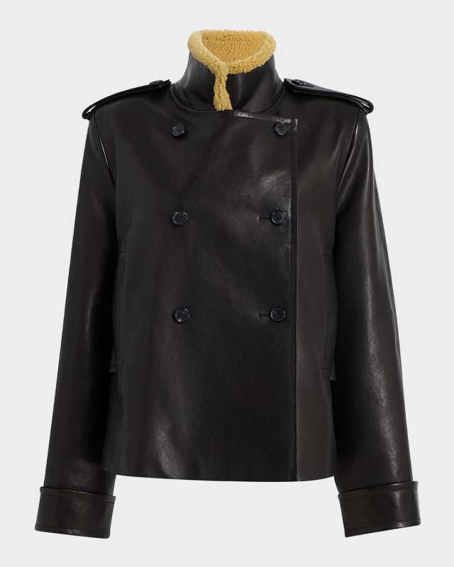 Dean Leather Double-Breasted Jacket With Lamb Shearling Coll